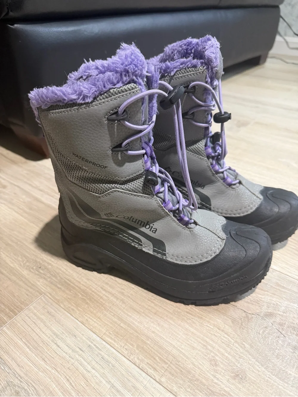 Columbia Kids Gray Winter Boots with Purple Faux-Fur Trim